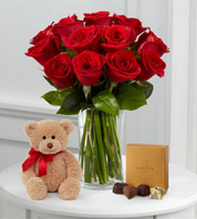 1 Dozen Long Stem Red Roses with Bear & Godiva� - VASE INCLUDED
