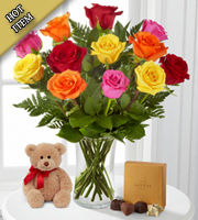 Mixed Roses with Bear & Godiva� - VASE INCLUDED