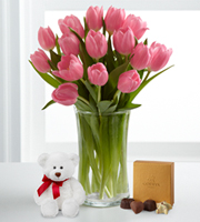 Pink Prelude Tulip Bouquet with Bear and Chocolates