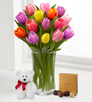 Rush of Color Assorted Tulip Bouquet with Bear and Chocolates